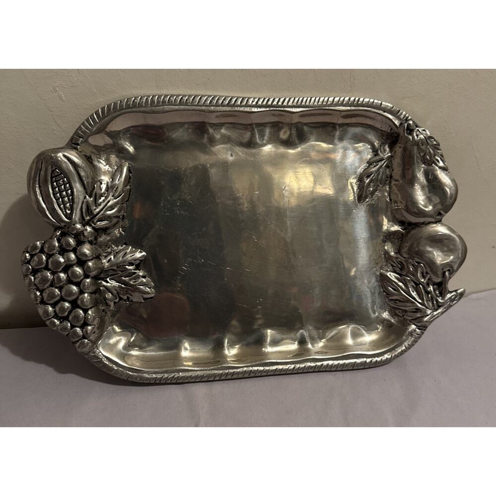BETTY BARRENA ORNATE FRUITED PEWTER SERVING TRAY MEXICO GRAPES PEARS